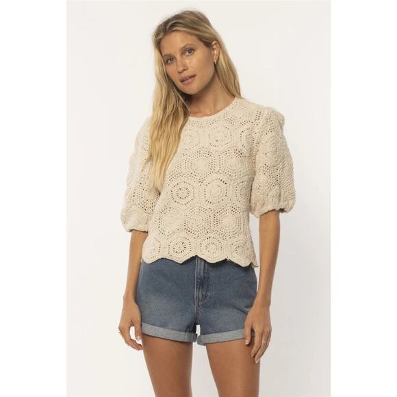Amuse Society Sweaters - Amuse Society Cream Beige Crochet Knit Top Small Puff Sleeve Cotton Cottage Boho